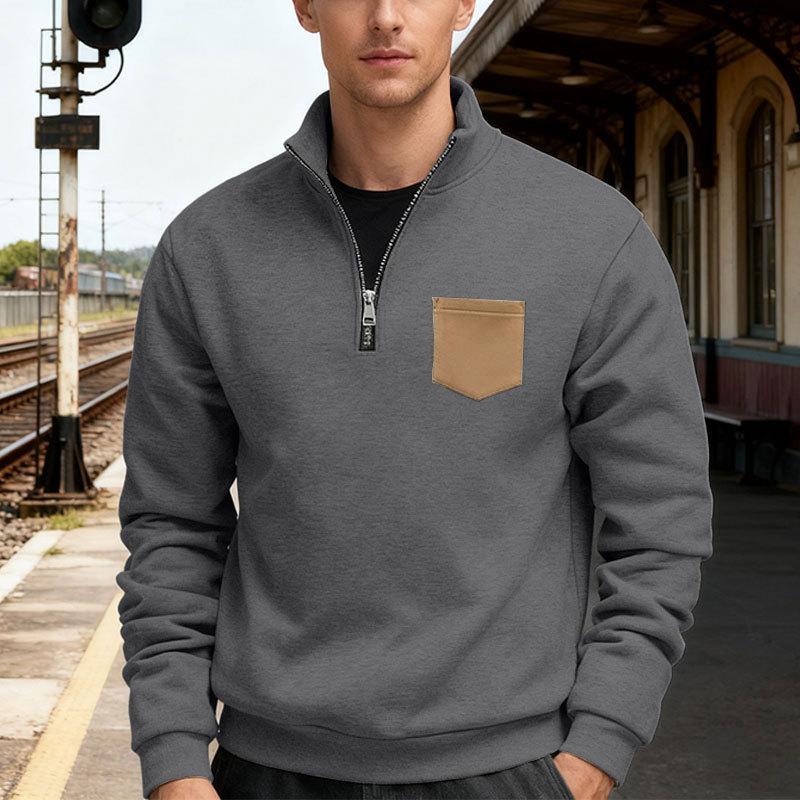 New Autumn/Winter Heavyweight Fleece-Lined Oversized Solid-Colour Patch Pocket Half-Zip Stand-Up Collar Men's Sweatshirt