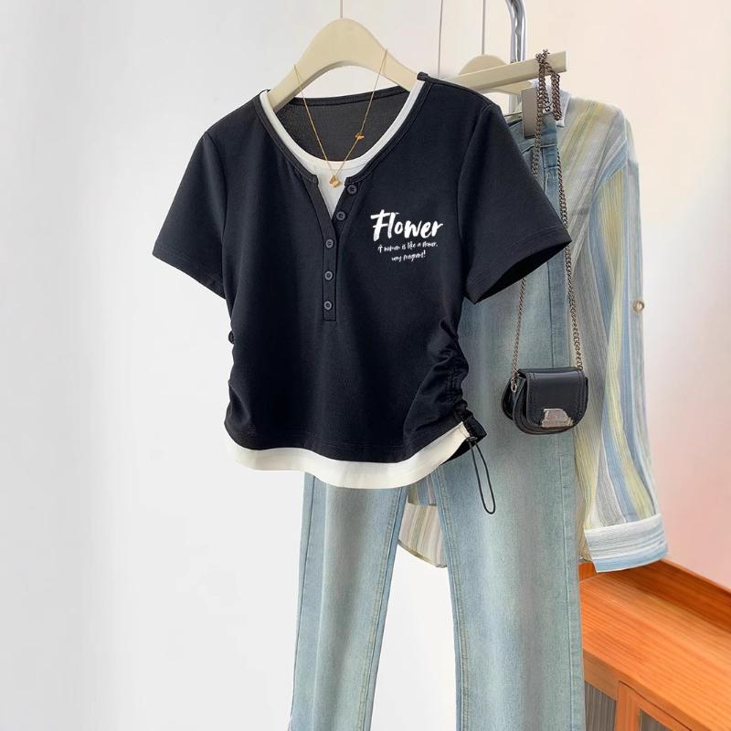 

A Design Sense Patchwork Faux Two-piece Side Drawstring Short-sleeved T-shirt for Women, A Summer Slimming and Form-fitting Short Off-the-shoulder Top M чорний