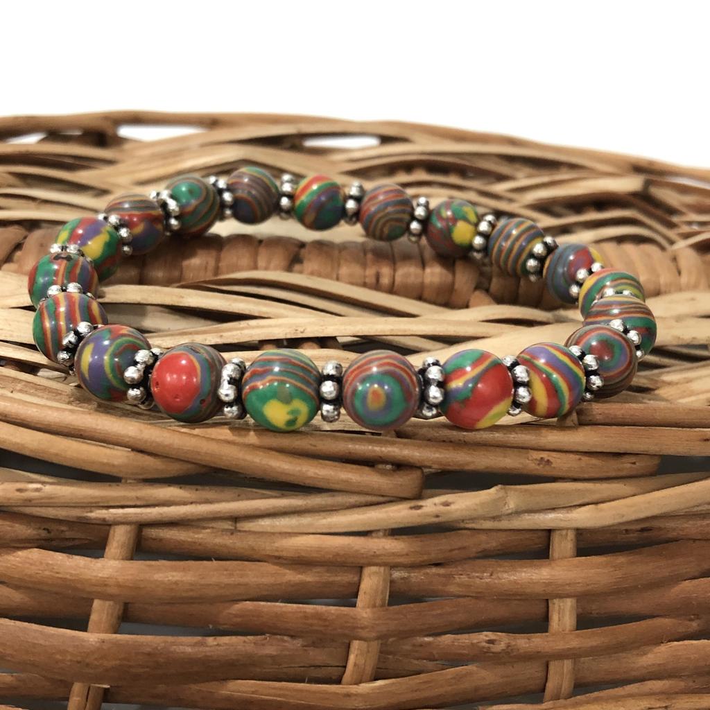 Bracciale Elastico Unisex Fatto a Mano con Perline Curative in Pietra Naturale Calsilica Arcobaleno da 8 mm, 7,5" Per Regalo CSB-12