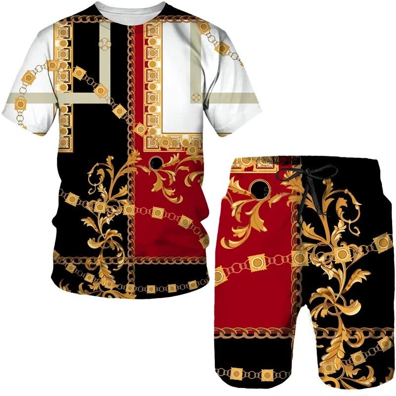 Luxury Golden Flower 3D Print Men Women Tees/Suits Vintage Baroque Pattern T-Shirts&Shorts Set Fashion Couple Streetwear Clothes