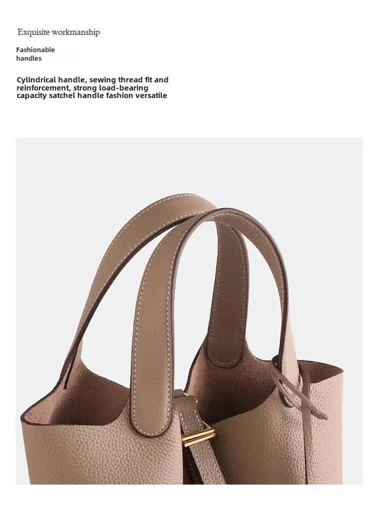 2025 Large Capacity Genuine Leather Commuter Handbag - Lychee Pattern Cowhide Bucket Bag