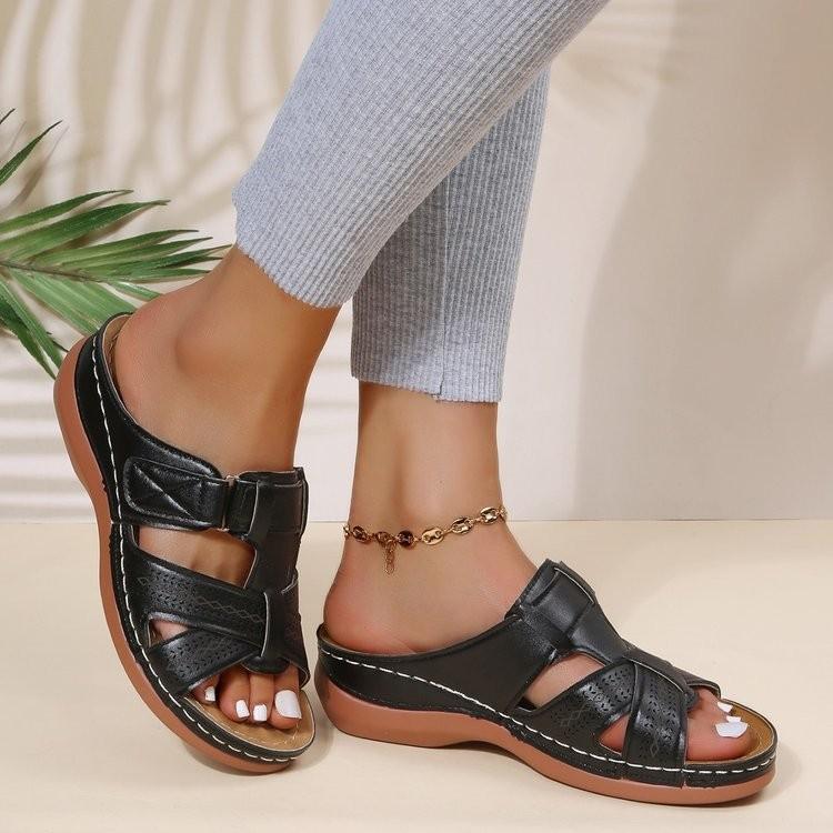 Exclusive for 2025202544 Large Size Women's Shoes Hollow Wedge Heel Velcro Sandals Women's Thick-soled Half Slippers