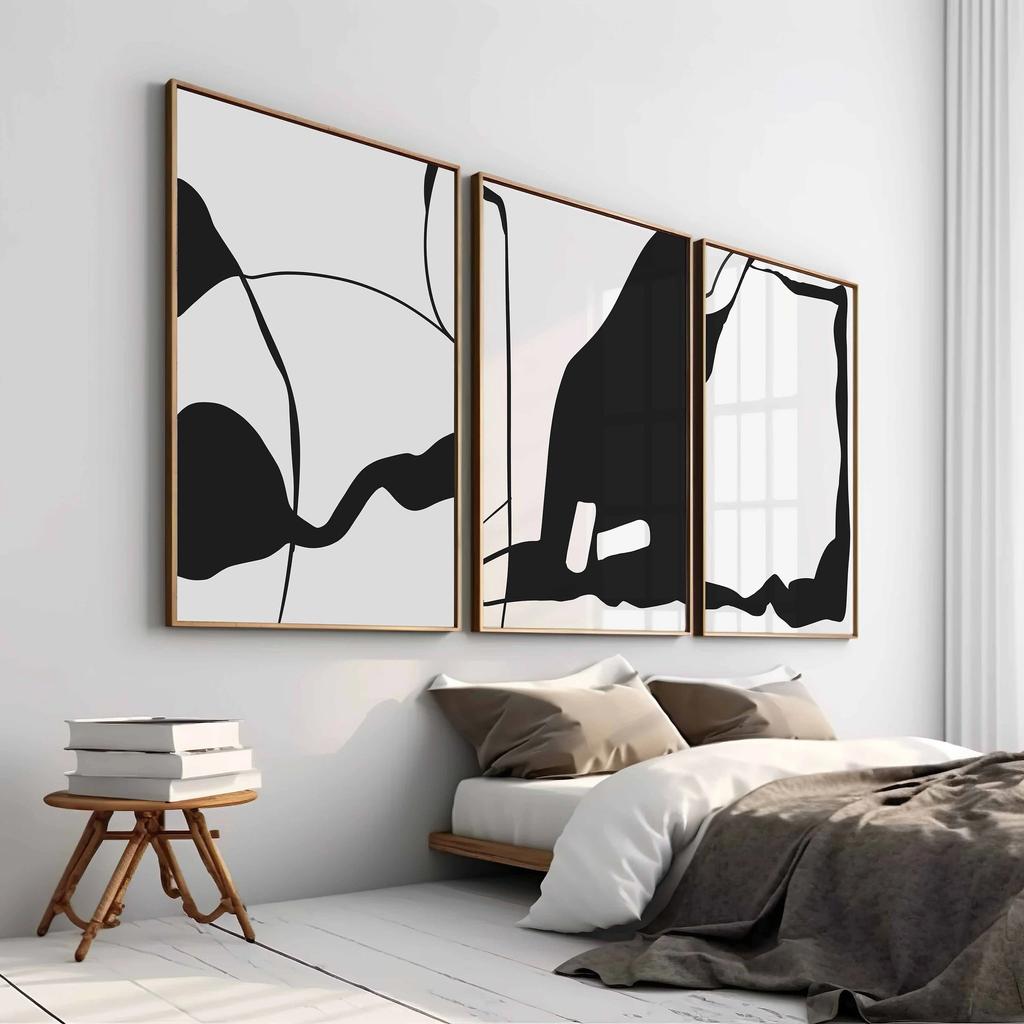 Minimalist Black & White Abstract Canvas Wall Art Set, Modern Geometric Line Prints, Scandinavian Living Room Bedroom Home Decor
