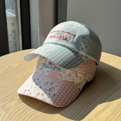Floral Plaid Patchwork Baseball Cap for Women Korean Version Versatile Face Showing Small Peaked Hat Wide Brim Trendy Hat