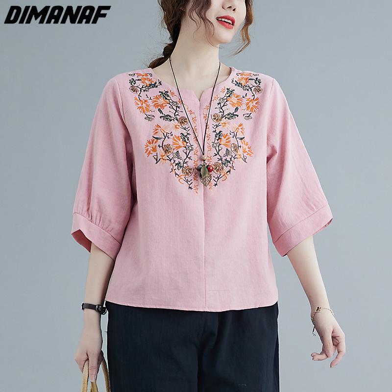 

DIMANAF 2023, женская блузка, футболка, повседневные топы, свободные льняные рубашки с цветочным принтом и круглым вырезом, летняя винтажная футболка с короткими рукавами