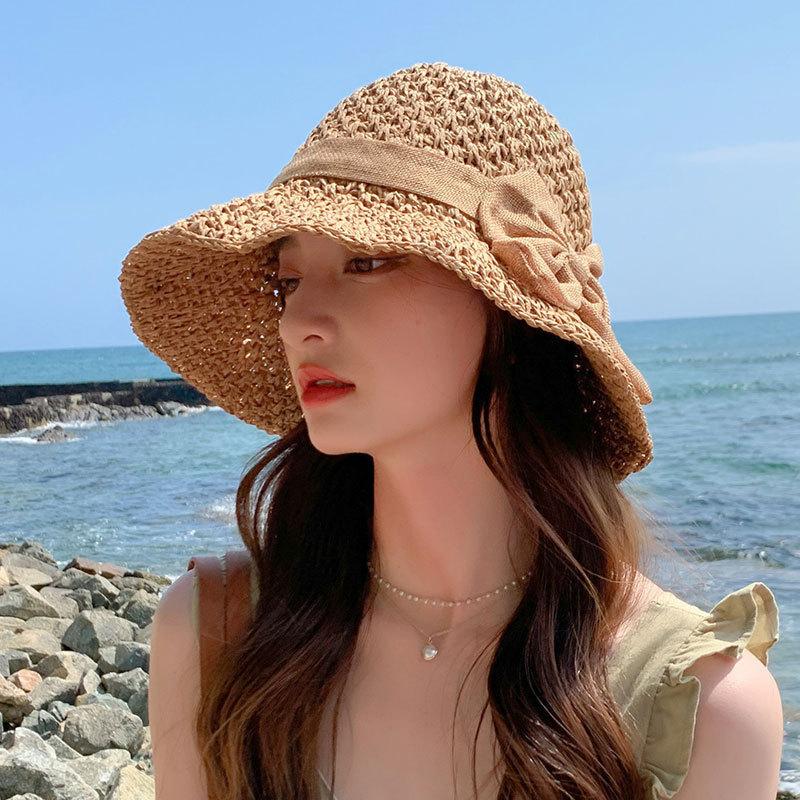 Women Bowknot Woven Bucket Straw Hat Breathable Wide Brim Sun Hat Foldable Beach Travel Shade Cap