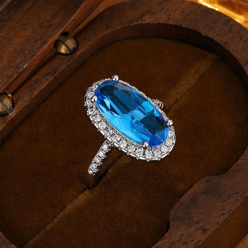 Charming Blue Oval CZ Women S Sterling Silver Rings Wedding Bling Bling Graceful Bridal Eternity Ring Trendy