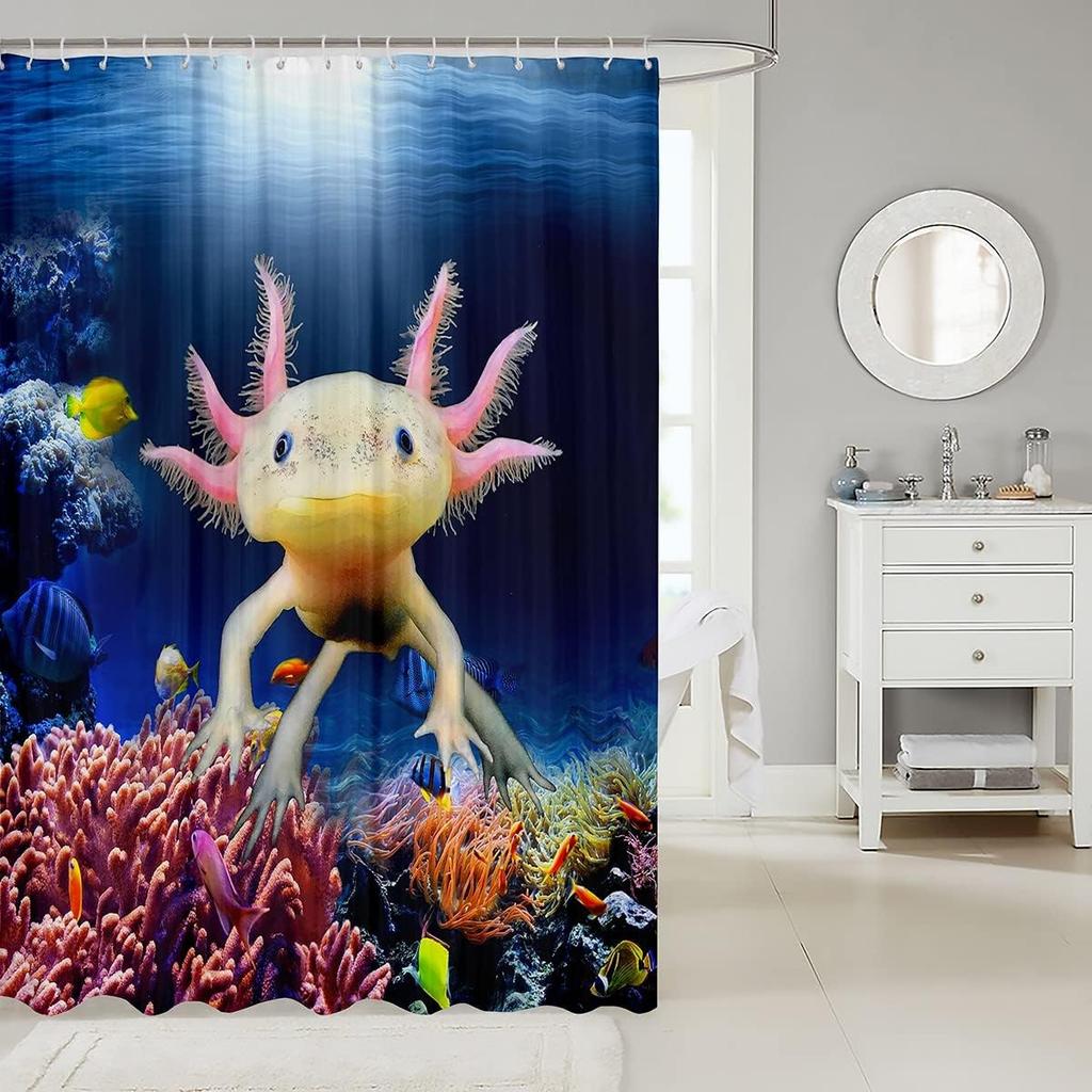 Fisch Meeresleben Badezimmer Vorhänge für Kinder Teenager Mädchen, Cartoon Tier Thema, Meeresblau Wasserdichte Duschvorhänge, mit 12 Haken
