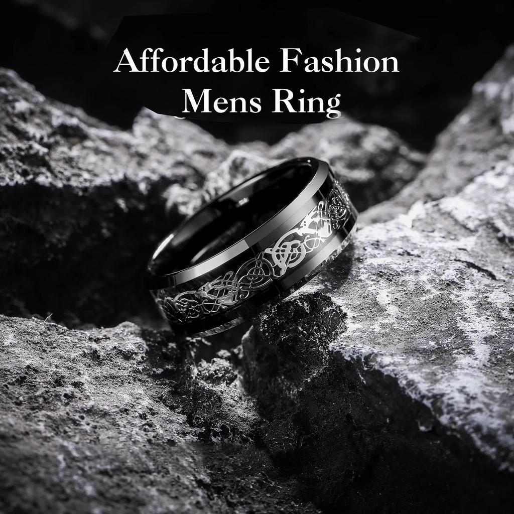 Fashion 8mm Men Stainless Steel Celtic Dragon Rings Inlay Black Carbon Fiber Rings For Men Wedding Band Jewelry