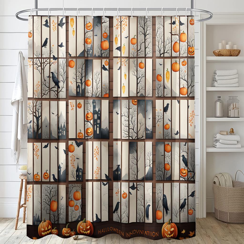 1pc Simulated Window Pumpkin Tree Halloween Bat Shower Curtain with Plastic Hooks, Decorated In Autumn and Winter Style