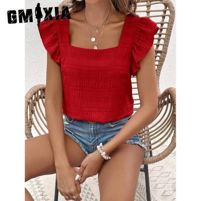 Women's Fashion Casual Leisure Summer Solid Color Print Short Sleeve Square Collar Blouses & Shirts