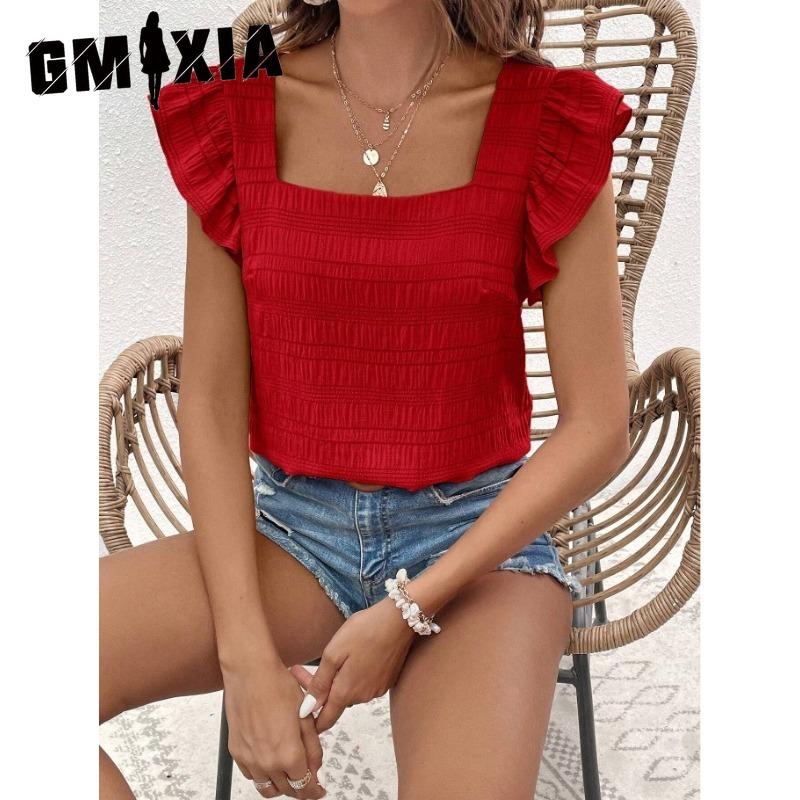 

GMXIA Women s Fashion Casual Leisure Summer Solid Color Print Short Sleeve Square Collar Blouses & Shirts S червоний