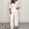 Women's V-Neck Long-Sleeve Slit Top with Wide-Leg Pants - Summer Solid Color Set