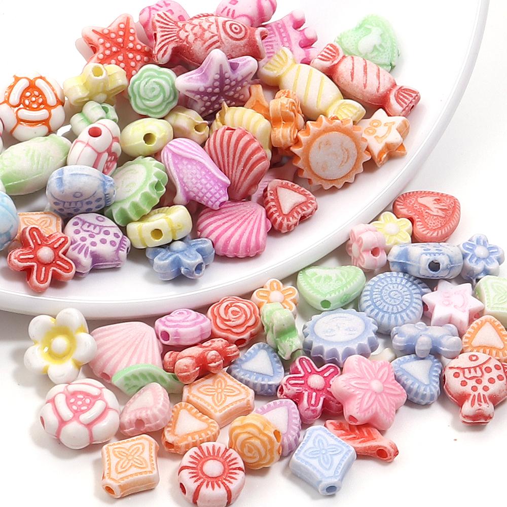 200pcs/lot Multiple Styles Plastic Beads Cat Flower Star Fish Shell Beads Loose Spacer Beads For Jewelry Making DIY Accessories