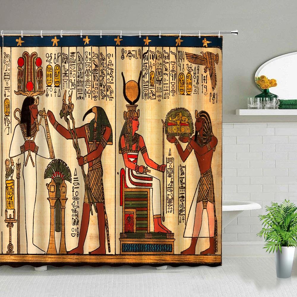 Retro Egypt Pyramid Pharaoh Painting Printed Shower Curtains Waterproof Bathroom Decor Cloth Curtain Set With Hook Bath Screens