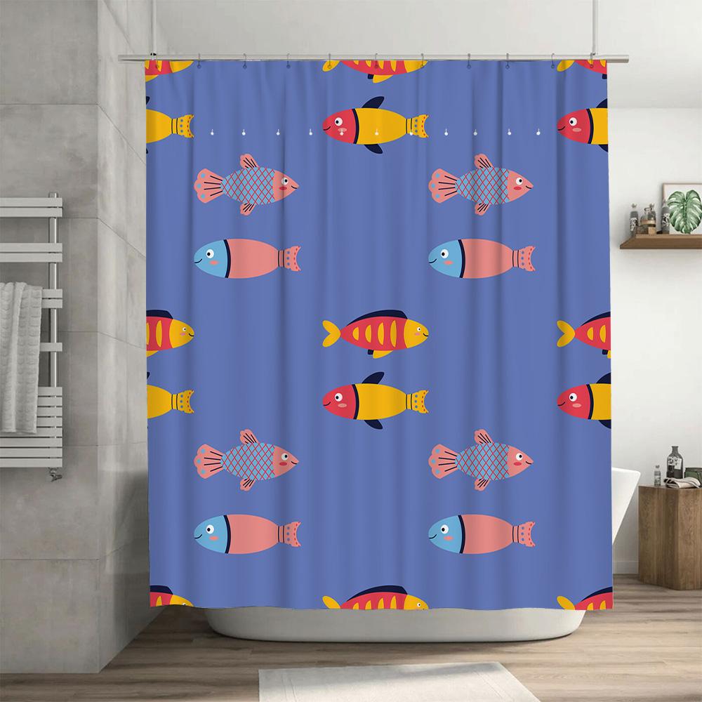 Blue Ocean Pattern Kids Cartoon Shower Curtain Creative Design For Bathroom Decoration 3D Printing Waterproof Fabric With Rings