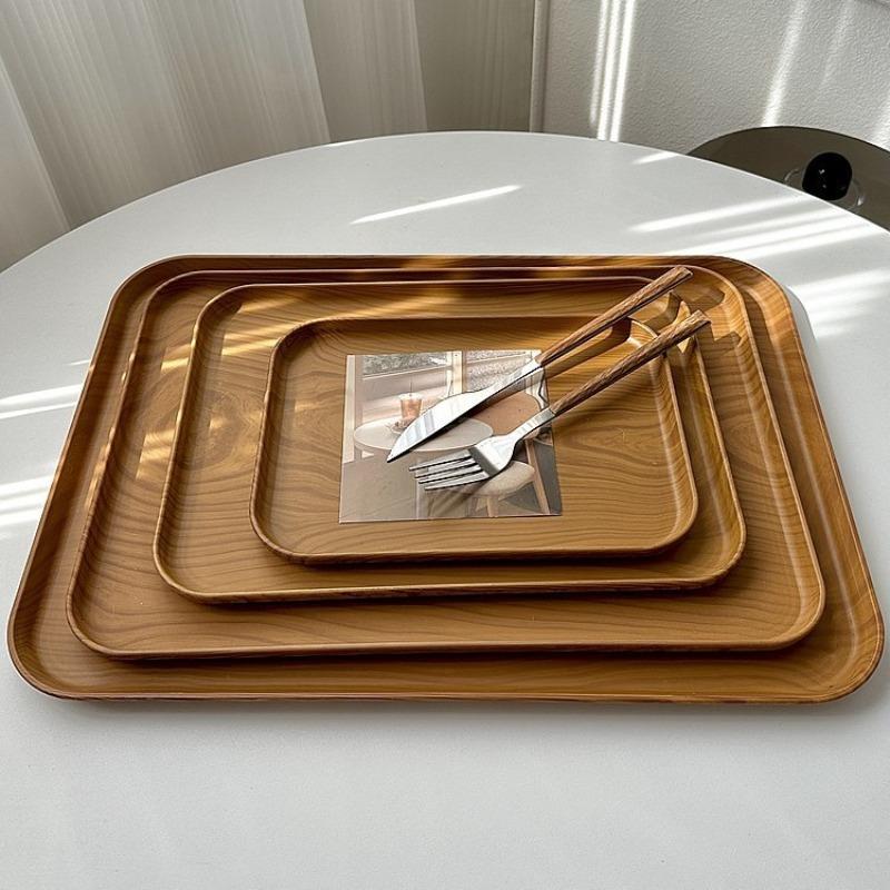 Plastic Serving Tray Home Tea Fruit Dessert Tray Wooden Pattern Plastic Food Cooking Storage Tableware Plate Tray Kitchenware