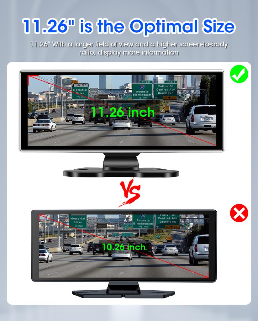 11.26" 4K Dash Cam Rear View Camera Wireless Carplay Android Auto Dual Lens Car DVR Video Recorder AUX GPS BT FM Mirror Monitor