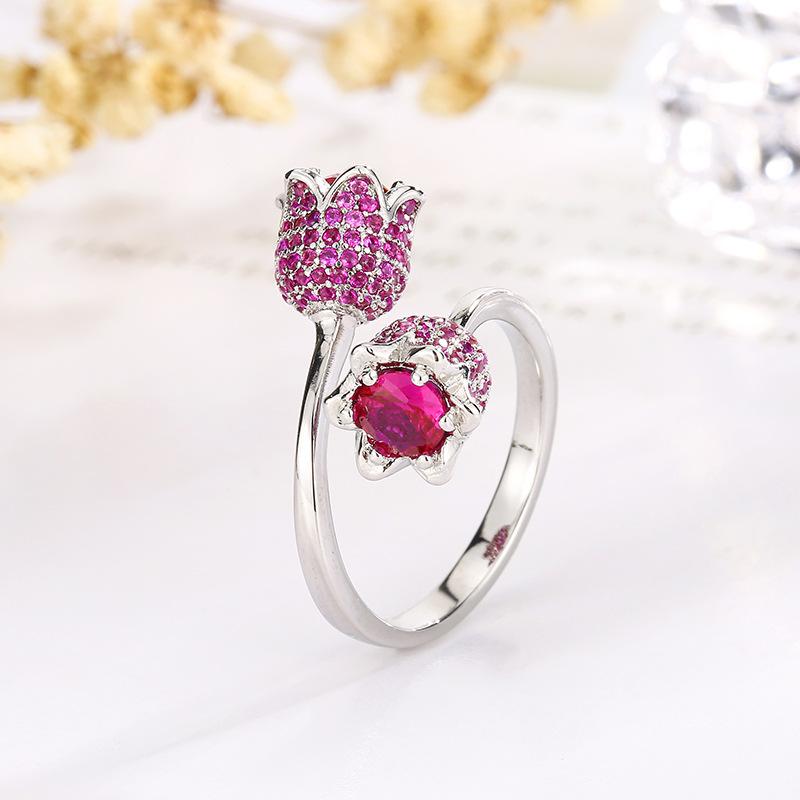 2025 New Set Of Jewelry Necklace Earrings Ring Inlaid Ruby Rose Women's Fashion Simple