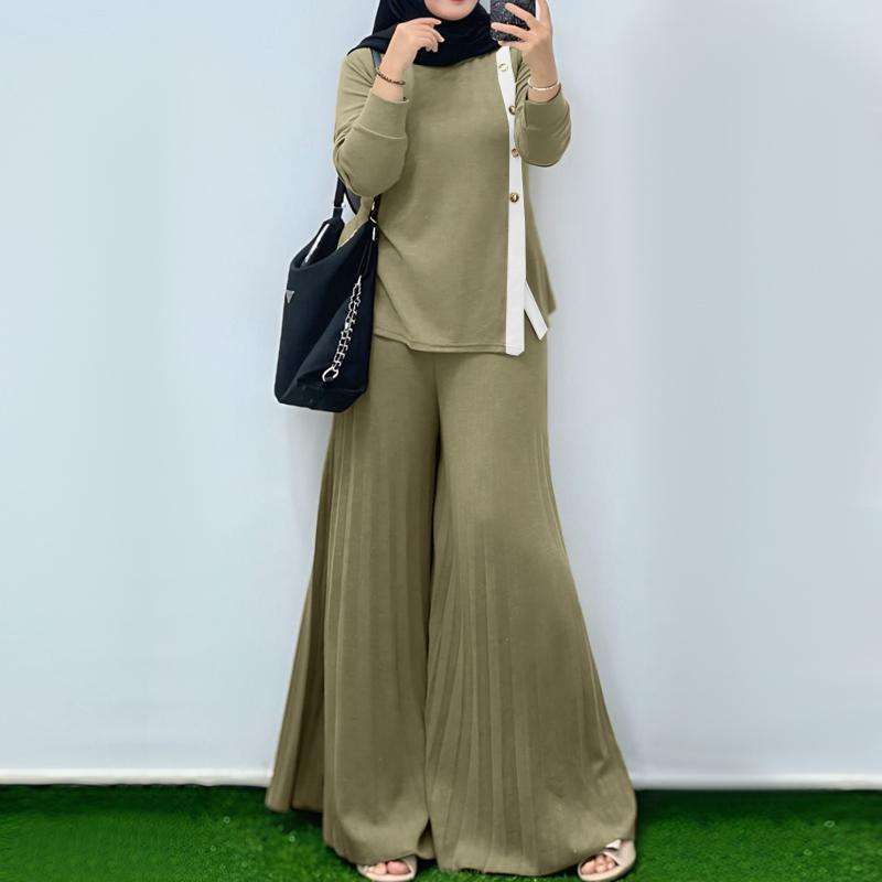 ZANZEA Blusa de Manga Larga para Mujer y Pantalones de Pierna Ancha Conjuntos Casuales de Dos Piezas