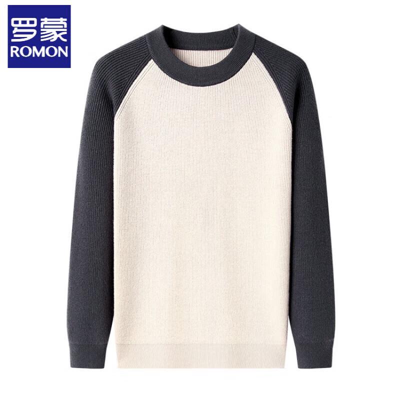 Romon Men's Wool Blend Color Block Round Neck Sweater