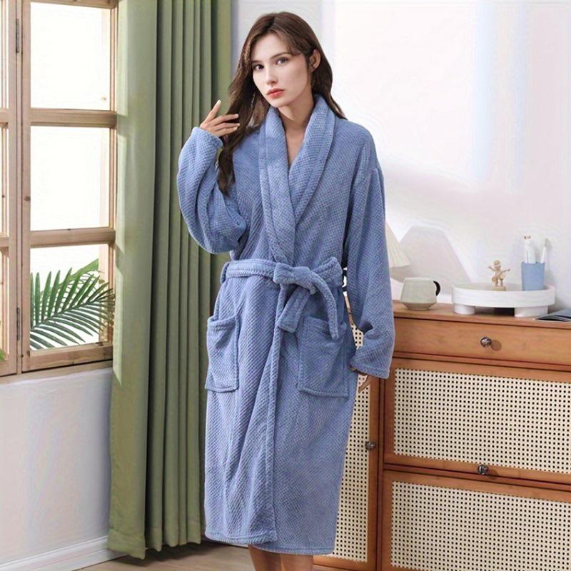 Ananas-Muster Korallenfleece Damen Bademantel mit langem Revers - Saugfähige Homewear