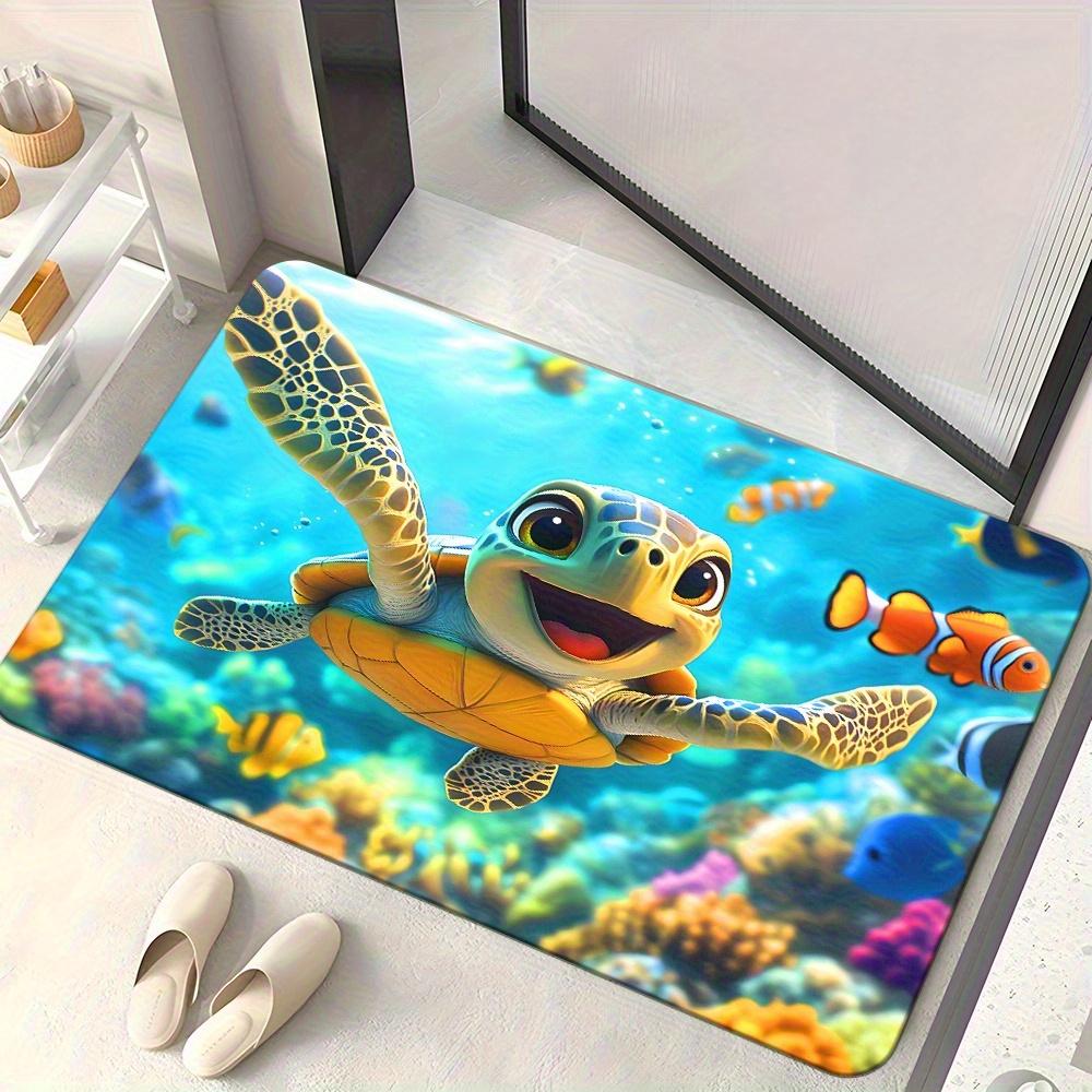1pc 2D Flat Cartoon Sea Turtle Clownfish Flannel Bath Mat Non Slip Ocean Theme Rug for Kids Bathroom Shower Floor Decor