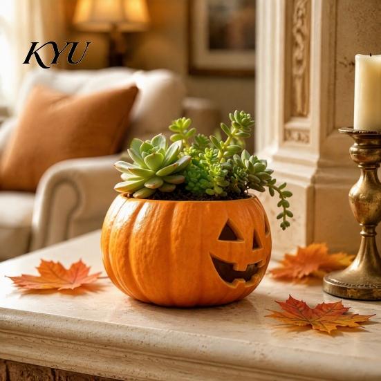 Decorative Pumpkin Container for Porch Patio Halloween Planter, Resin Jack-O-Lantern Flower Pot, Festive Ornament Entryway Plant Pot Succulents