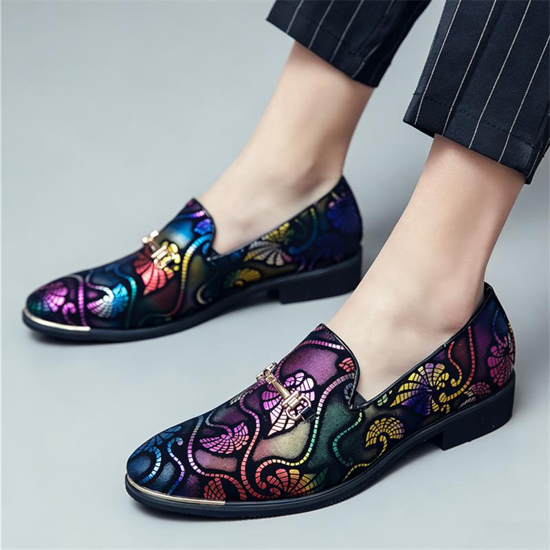 Fashion New Dress Leather Shoes For Men Luxury Brand British Gold Blue National Pattern Oxfords Gentleman Wedding Prom Footwear