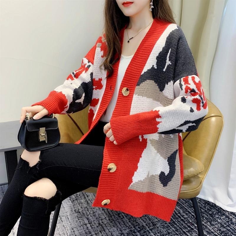 Fashion Loose Knitted Cardigan Printed Sweater Women's 2025 New V Neck Long Sleeve Casual Office Simple Spring and Autumn Coat Outside Clothing