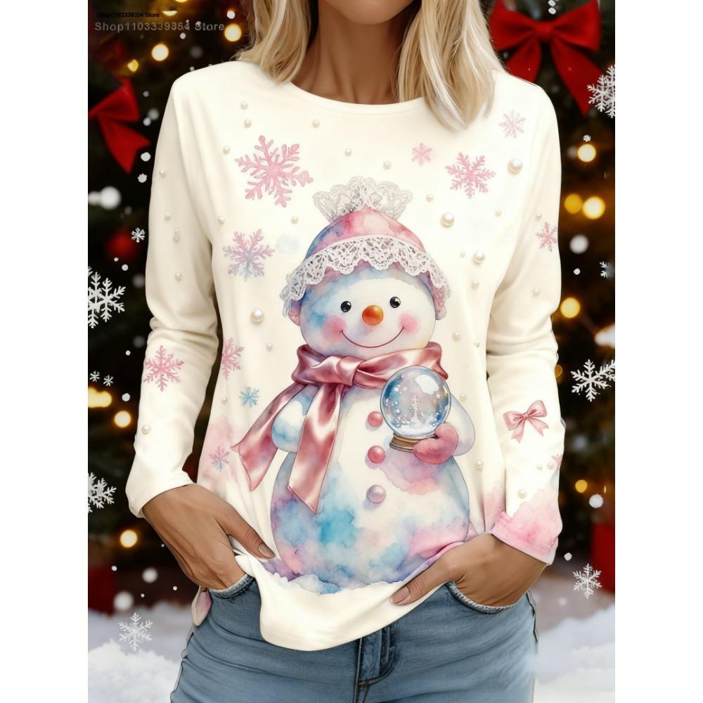 

Рождественская милая женская футболка с 3D-принтом снеговика, круглым вырезом и длинным рукавом, новый удобный и модный топ XL