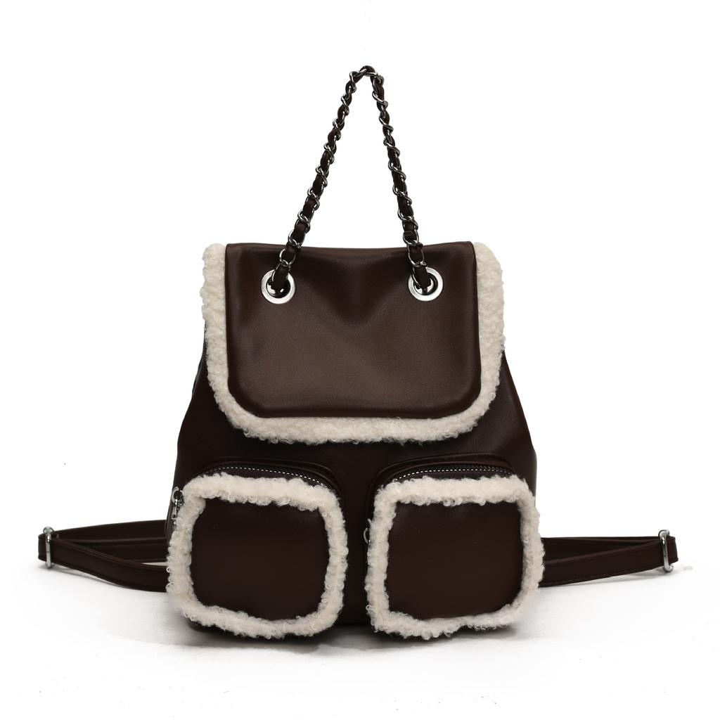 College Style Plush Soft Leather Backpack Women'S Fluffy Hand Bag Trendy High-End Retro Shoulder Backpack