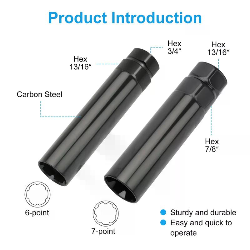 Small 6 Spline & 7 Spline Sockets Fuel Rim Lug Nut Key Wrench For Aftermarket Lugnuts 14X1.5, 14X2.0, 12X1.5, 12X1.25