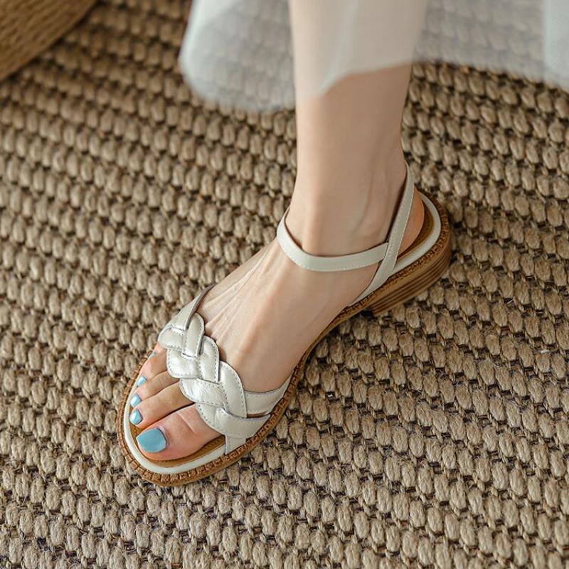 

Fashion Shoes Female Sandal 2025 Women s Girls Beige New Summer Comfort Low Retro Flat Back Strap Square heel Rubber 35 бежевый