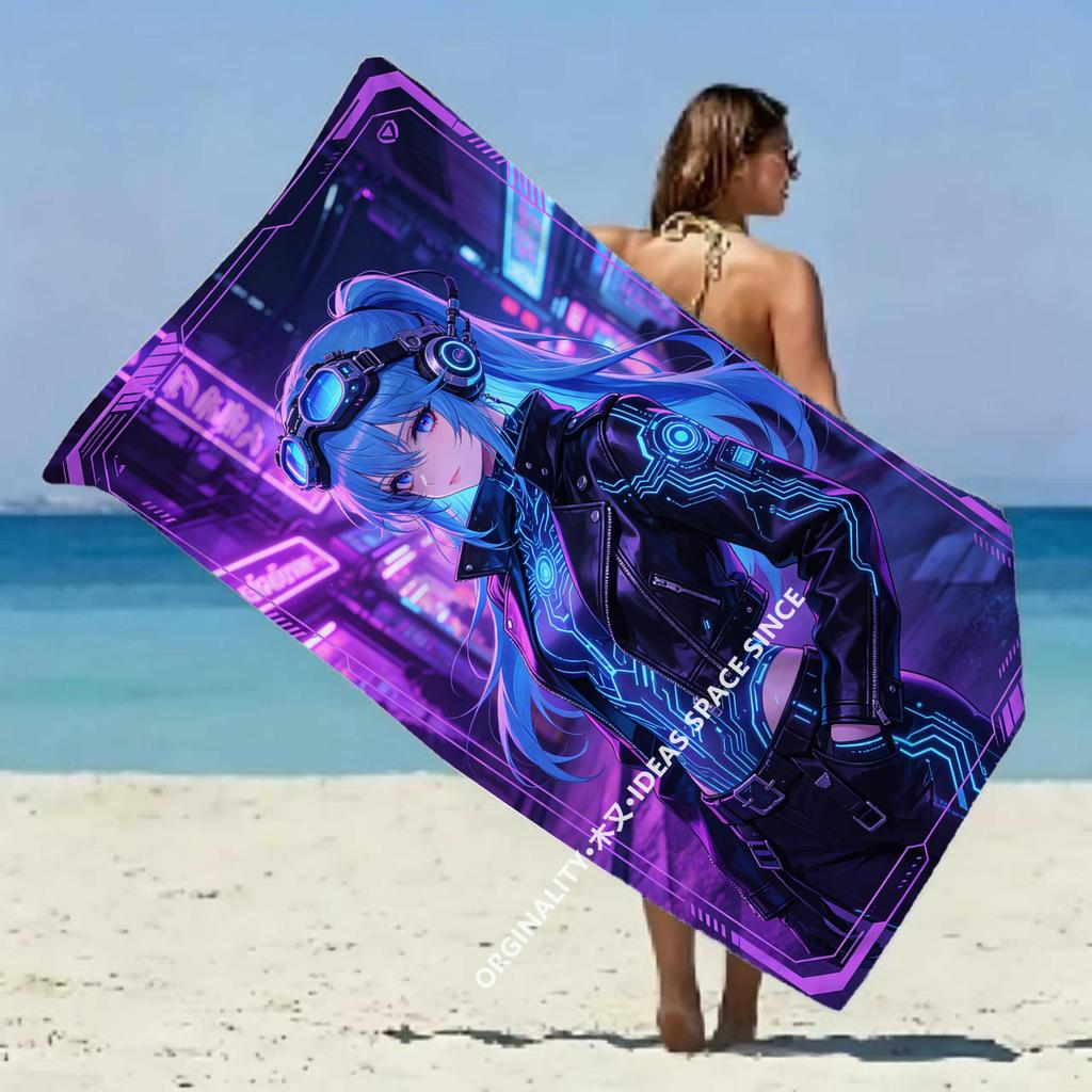 Cyberpunk Anime Girl Moto Beach Towel Patterned Sunscreen And Windproof Suitable For Swimming Pool Camping Travel