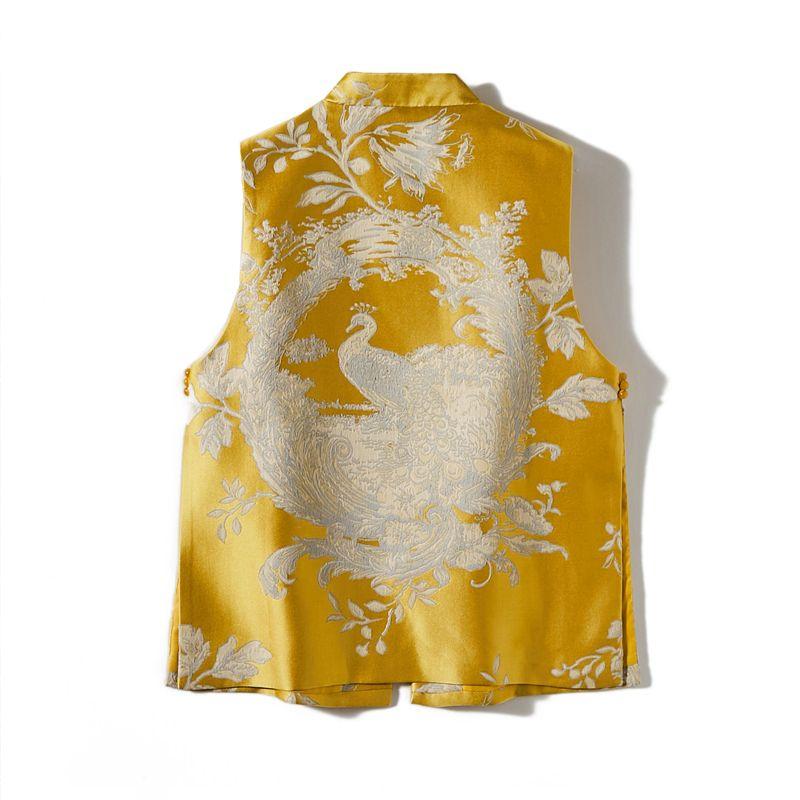 

Одинарный жилет в китайском этническом стиле с маленьким воротником-стойкой! Женское атласное поплиновое шелковое бандажное платье с пейзажной живописью, тонкое пальто на четыре сезона Yellow Old powder closed eyes