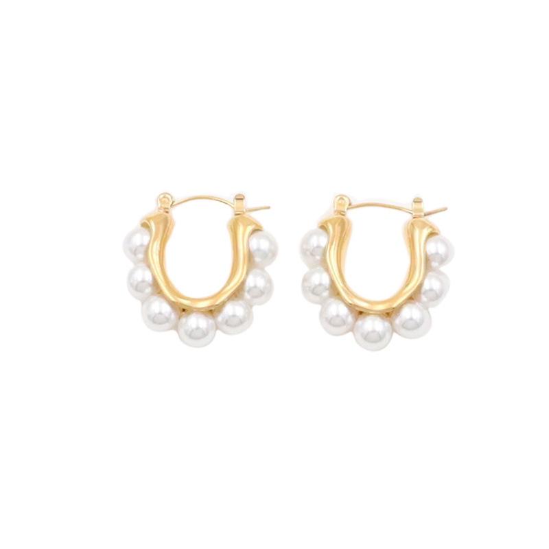 Niche Design High-End U-Shaped Pearl Ear Buckle Women'S Fashion Versatile Titanium Steel Embedded Pearl Earrings Jewelry