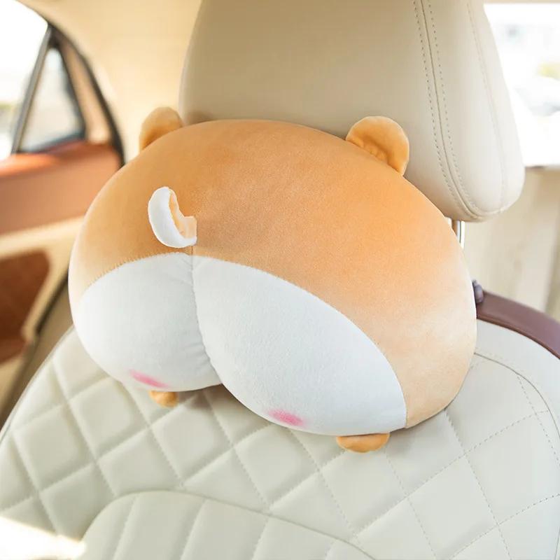 Plush Corgi Dog Butt Car Neck Pillow Cute Car Pillow Pig Butt Lumbar Support Set Creative Cartoon Car Neck Pillow Accessories