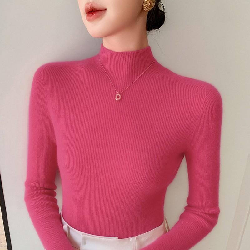Women's Black Wool Semi-High Neck Base Layer Sweater - Soft, Comfortable, Slimming Fit for Autumn/Winter.