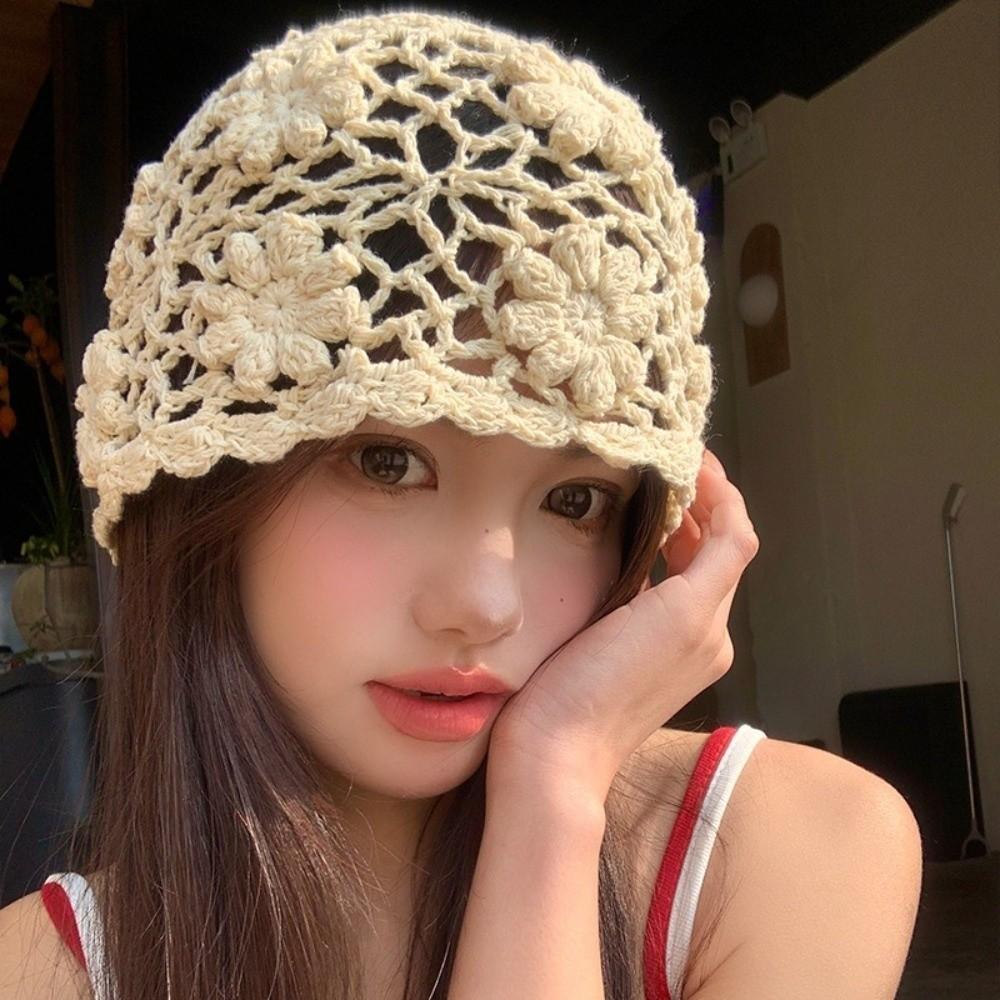 3D Flower Candy Knitted Hat Hand Hook Crochet Beanie Cap Sweet Women Bald Hat