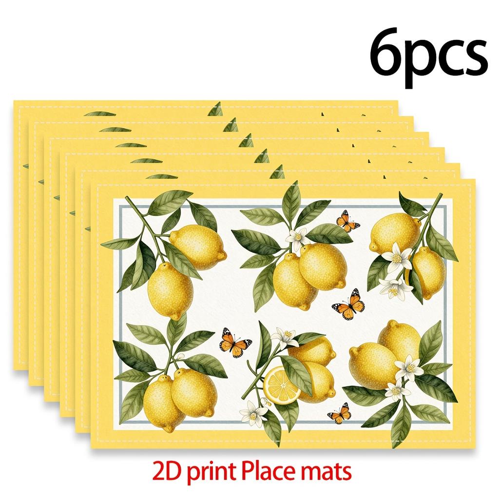 2/4/6pcs Lemon Placemats Suitable for Kitchen & Dining Table Decor - Yellow Lemon Border with Green & White Flower Print Table, Machine Washable