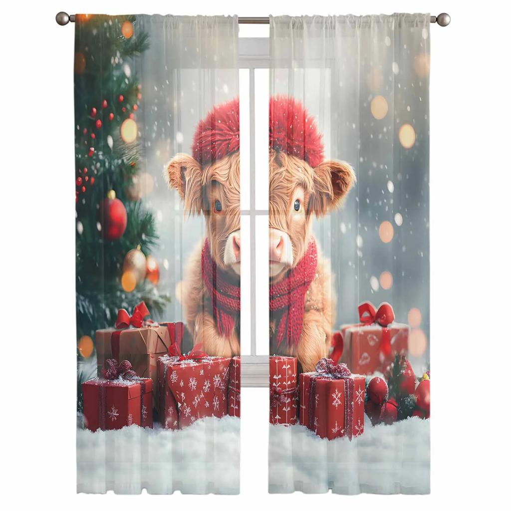 Christmas Tree Gift Yak Sheer Curtains for Living Room Decoration Window Curtains Kitchen Tulle Voile Curtains