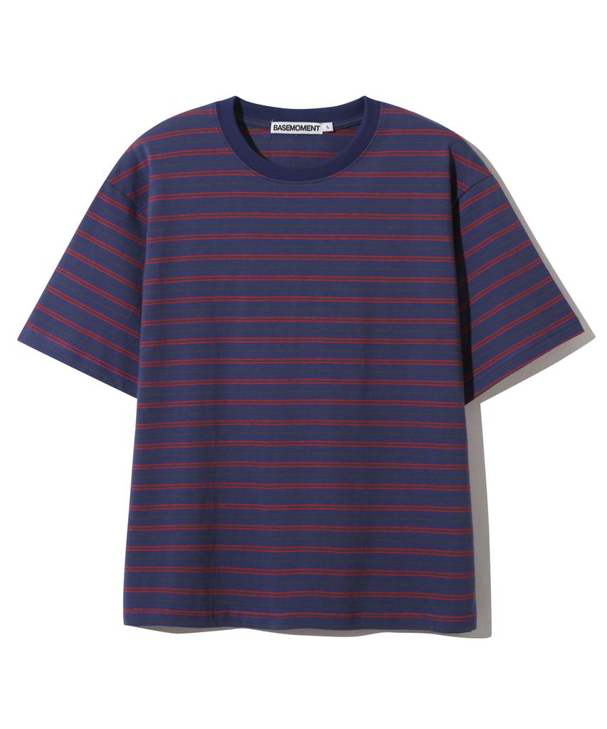 BASEMOMENT Striped Border Crop T-Shirt Blue