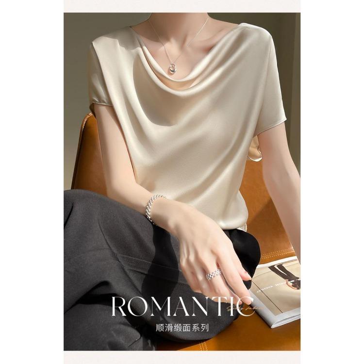 Fashion Women Satin Thin Temperament Collar Tops Short Sleeve Stacked Spring Summer New Versatile T-shirt Foreign Style