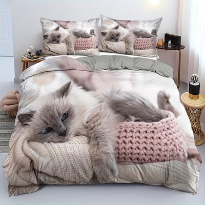 Hübsches Bettbezug-Set mit Katzenmotiv (1 Bettbezug + 1/2 Kissenbezug) Weiches, bequemes Bettwäscheset mit süßem Kätzchen für Schlafzimmer, Schlafsaal