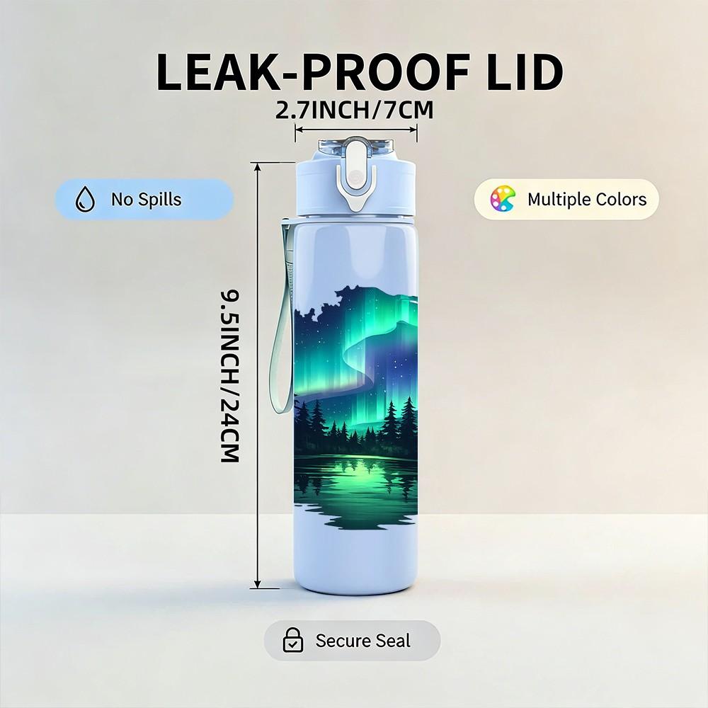 1PC Aurora Borealis Night Sky Scenery Print 750ml Color Plastic Sports Water Bottle Leakproof Flip Straw Lid Suitable for Sports Office Home Use
