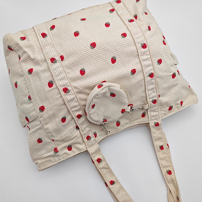 Cute Strawberry Floral Canvas Shoulder Bag for Students with Large Capacity