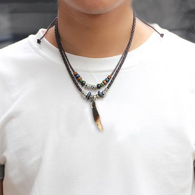 Yousheng Herren Halskette Handgefertigt Ethnisch Retro Stil Anhänger Gewebtes Halsornament Kunstleder Goth Mehrschichtig Vintage Zahn Anhänger Halskette Kleidung