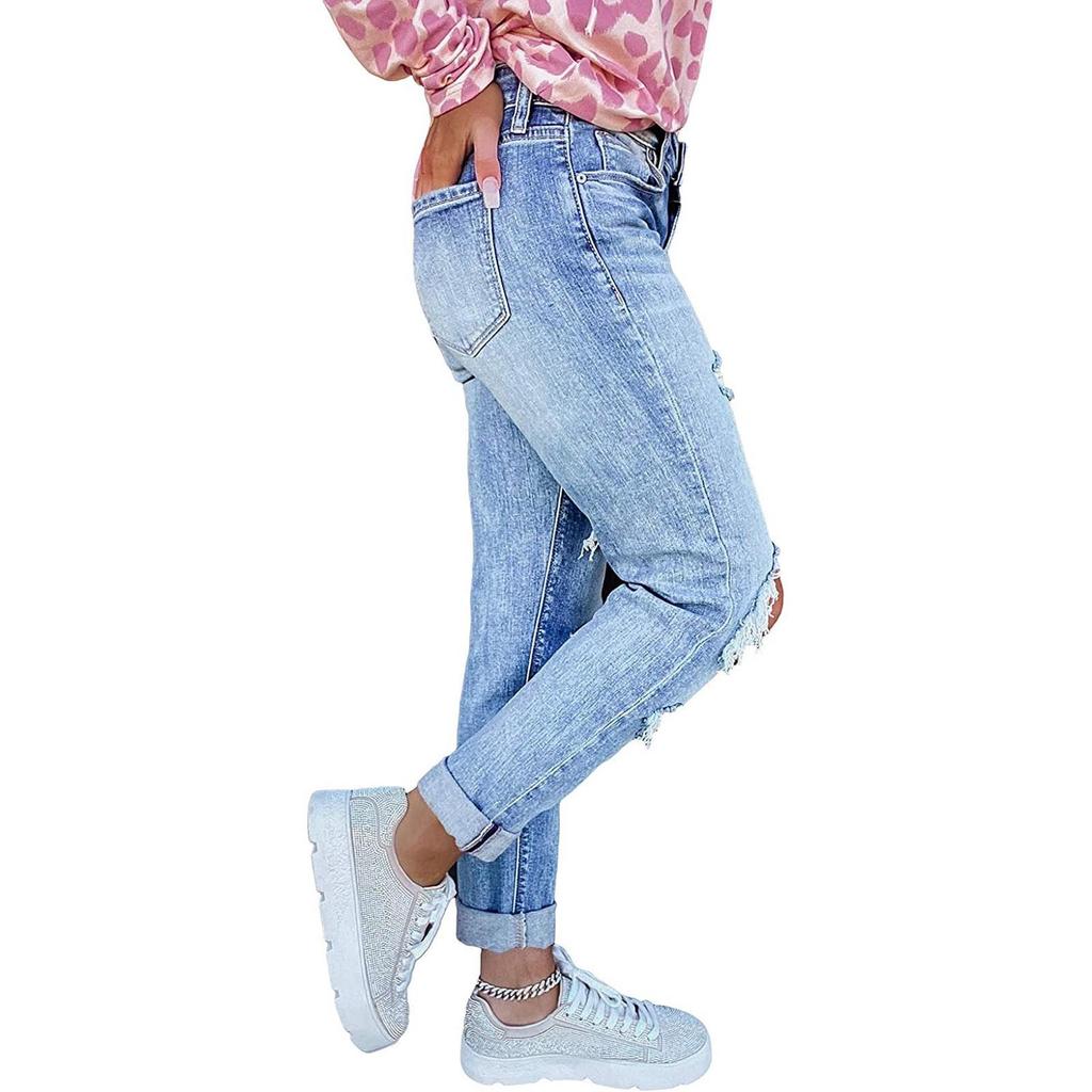 Women Color Hole Low Waist Jeans Flares Fashion Pants Trouser