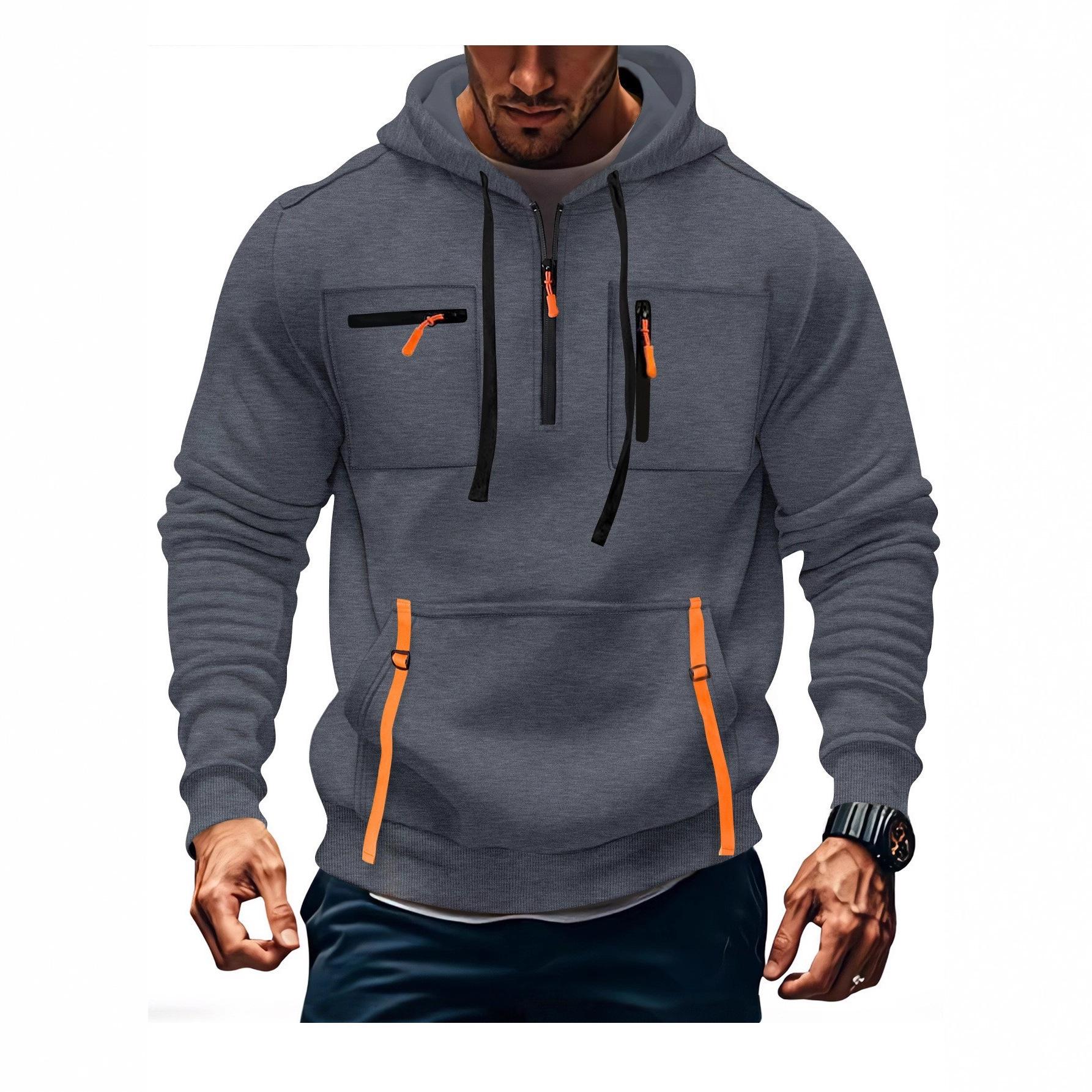 

Men s Half Zip Hoodie Multi Pocket Casual Outdoor Sweatshirt with Contrast Zippers S серый